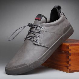 New Style Men's Leather Casual Shoes Flat Shoes (Option: Grey-43)