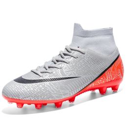 New Breathable Sports High-top Firm Ground Soccer Shoes (Option: Spike Gray Orange-45)